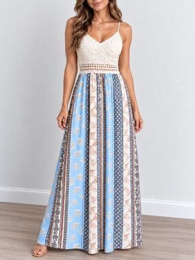 Vine and Valley Women’s L Boho Lace Floral Striped Maxi Dress Blue Ivory V Neck